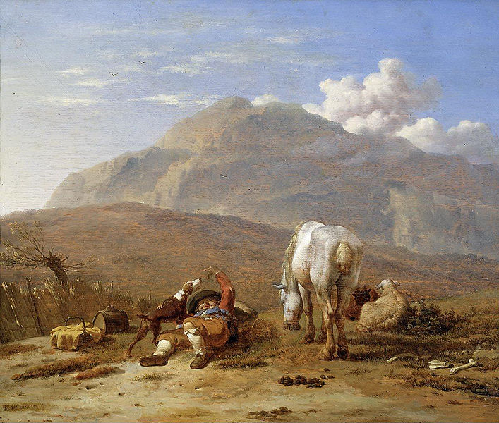 Southern landscape with young shepherd and dog.